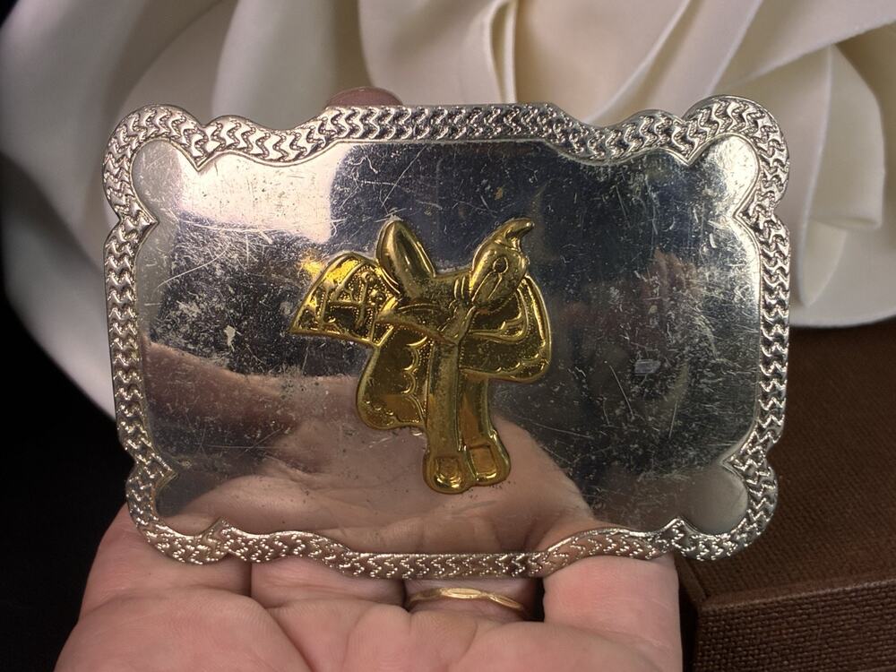 Vintage Nickel Silver Western Belt Buckle Gold Tone Saddled Horse Cowboy